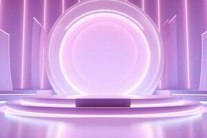 3D round circular stage with a shiny neon light, in the style of pastel color scheme, minimalist stage design, Podium lights on blue and pink stage pedestal or platform, ai generate photo