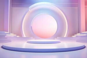 3D round circular stage with a shiny neon light, in the style of pastel color scheme, minimalist stage design, Podium lights on blue and pink stage pedestal or platform, ai generate photo