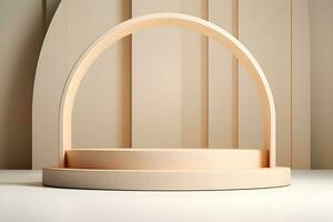Wooden podium product display with nature leaves decoration, Presentation cosmetics products branding, Empty wood minimal stage platform identity and packaging design, ai generate photo
