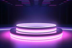 3D round circular stage with a shiny neon light, in the style of pastel color scheme, minimalist stage design, Podium lights on blue and pink stage pedestal or platform, ai generate photo