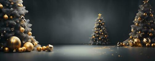 Empty space Christmas tree decoration with lights in dark wall room background, AI generate photo
