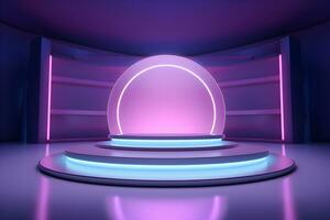 3D round circular stage with a shiny neon light, in the style of pastel color scheme, minimalist stage design, Podium lights on blue and pink stage pedestal or platform, ai generate photo