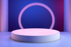 3D round circular stage with a shiny neon light, in the style of pastel color scheme, minimalist stage design, Podium lights on blue and pink stage pedestal or platform, ai generate photo