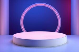 3d redondo circular etapa con un brillante neón luz, en el estilo de pastel color esquema, minimalista etapa diseño, podio luces en azul y rosado etapa pedestal o plataforma, ai generar foto