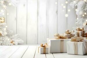 christmas tree with gift boxes and decorations with white wood wall room background, Christmas composition copy space, AI generate photo