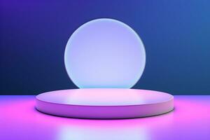 3D round circular stage with a shiny neon light, in the style of pastel color scheme, minimalist stage design, Podium lights on blue and pink stage pedestal or platform, ai generate photo