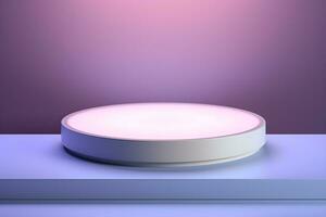 3D circular pedestal and lights on blue and pink background, light purple Minimalist stage design, Product presentation, mock up, Show cosmetics podium, platform, ai generate photo