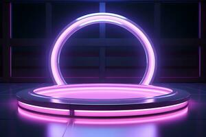 3D round circular stage with a shiny neon light, in the style of pastel color scheme, minimalist stage design, Podium lights on blue and pink stage pedestal or platform, ai generate photo