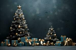 christmas tree and gift boxes on dark green wall room background, AI generate photo