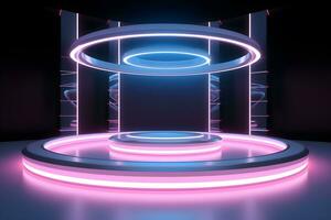 3D round circular stage with a shiny neon light, in the style of pastel color scheme, minimalist stage design, Podium lights on blue and pink stage pedestal or platform, ai generate photo