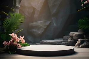 3D Stone podium platform in tropical plants decoration, For Presentation display cosmetics products branding, Empty minimal stage identity and packaging design, ai generate photo