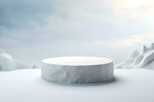 3d blanco Roca podio mínimo producto monitor pedestal rock con paisaje nieve invierno escena, ai generar foto