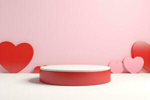 3D cylinder pedestal or stand podium with hearts decorations celebration, Valentine day minimal scene for product display presentation. Geometric platform design, ai generate photo