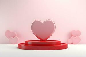 3D cylinder pedestal or stand podium with hearts decorations celebration, Valentine day minimal scene for product display presentation. Geometric platform design, ai generate photo