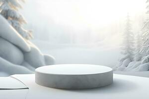 3D White stone podium minimal product display pedestal rock with landscape snow winter scene, ai generate photo