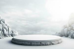 3D White stone podium minimal product display pedestal rock with landscape snow winter scene, ai generate photo