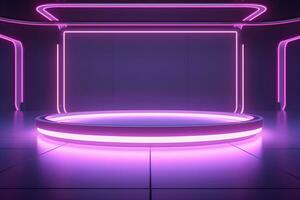 3D round circular stage with a shiny neon light, in the style of pastel color scheme, minimalist stage design, Podium lights on blue and pink stage pedestal or platform, ai generate photo