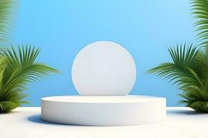3D podium minimal mock up showcase with tropical plants palm trees, Presentation cosmetic products branding, Empty stage platform identity and packaging design, ai generate photo