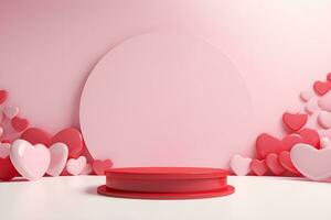 3D cylinder pedestal or stand podium with hearts decorations celebration, Valentine day minimal scene for product display presentation. Geometric platform design, ai generate photo