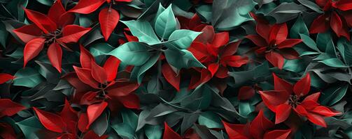 Christmas leaves red and green background, AI generate photo