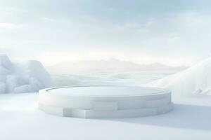 3D podium minimal mock up blank stage with landscape snow winter scene, For product display presentation design, ai generate photo