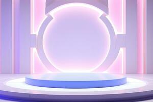 3D circular pedestal and lights on blue and pink background, light purple Minimalist stage design, Product presentation, mock up, Show cosmetics podium, platform, ai generate photo