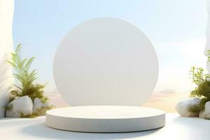 Stone podium rock platform 3d for display minimal product display presentation cosmetics products branding, Empty stage showcase identity and packaging design, ai generate photo