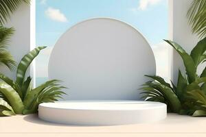 3D podium minimal mock up showcase with tropical plants palm trees, Presentation cosmetic products branding, Empty stage platform identity and packaging design, ai generate photo