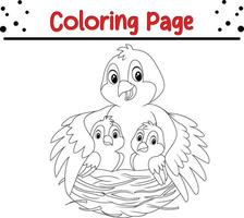 mother bird with her two babies nest coloring page for kids vector