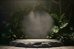 3d Roca podio plataforma en tropical plantas decoración, para presentación monitor productos cosméticos productos marca, vacío mínimo etapa identidad y embalaje diseño, ai generar foto