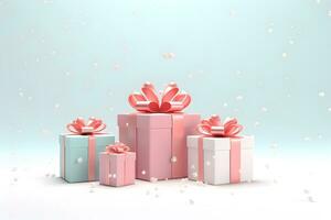 Christmas gift boxes decoration in snow scene, in the style of light pastel design, AI generate photo