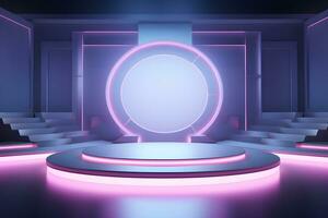 3D circular pedestal and lights on blue and pink background, light purple Minimalist stage design, Product presentation, mock up, Show cosmetics podium, platform, ai generate photo