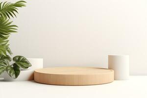 de madera podio producto monitor con naturaleza hojas decoración, presentación productos cosméticos productos marca, vacío madera mínimo etapa plataforma identidad y embalaje diseño, ai generar foto