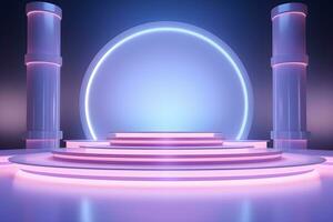 3D round circular stage with a shiny neon light, in the style of pastel color scheme, minimalist stage design, Podium lights on blue and pink stage pedestal or platform, ai generate photo