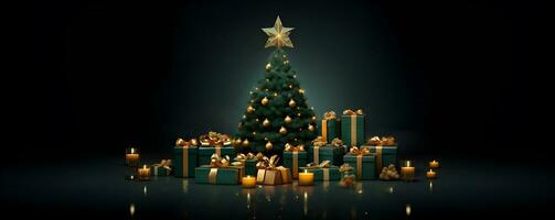 Christmas tree with Christmas gifts decoration on floor green wall room background, AI generate photo