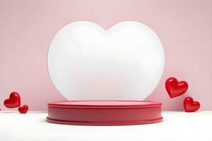 3D cylinder pedestal or stand podium with hearts decorations celebration, Valentine day minimal scene for product display presentation. Geometric platform design, ai generate photo