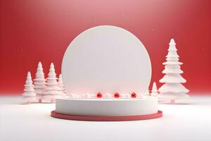 3D minimal mock up scene geometry podium shape for show cosmetic product display. stage pedestal or platform. Winter Christmas decorations celebration, ai generate photo