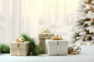 Christmas tree and gift boxes decorations on wood table with lights bokeh blurred snow winter landscape background, AI generate photo