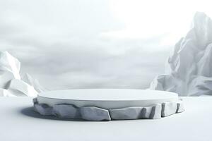 3D White stone podium minimal product display pedestal rock with landscape snow winter scene, ai generate photo