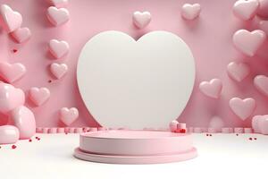 3D cylinder pedestal or stand podium with hearts decorations celebration, Valentine day minimal scene for product display presentation. Geometric platform design, ai generate photo