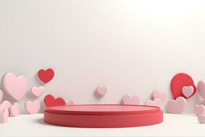 3D cylinder pedestal or stand podium with hearts decorations celebration, Valentine day minimal scene for product display presentation. Geometric platform design, ai generate photo