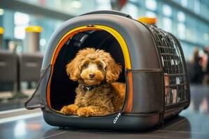 Pet in a travel carrier at the airport photo