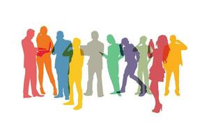 Colours Silhouette group of men and women who use smartphone and laptop. Communication and technology of diverse pose men and women. vector