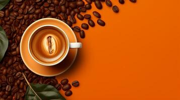 High angle cup of cappuccino with latte art on brown background. Beautiful wheat pulled into the foam, greenery ceramic cup, lots of coffee beans and leaf beside the glass. Generative AI photo