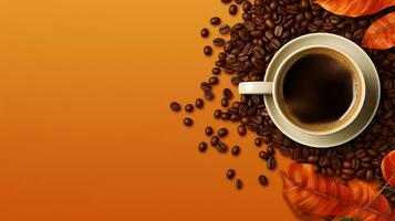 High angle cup of cappuccino with latte art on brown background. Beautiful wheat pulled into the foam, greenery ceramic cup, lots of coffee beans and leaf beside the glass. Generative AI photo