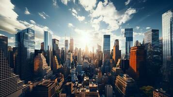 Reflective skyscrapers, business office buildings. low angle view of skyscrapers in city, sunny day. Business wallpaper with modern high-rises with mirrored windows. Generative AI photo