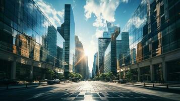 Reflective skyscrapers, business office buildings. low angle view of skyscrapers in city, sunny day. Business wallpaper with modern high-rises with mirrored windows. Generative AI photo
