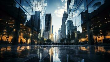 reflexivo rascacielos, negocio oficina edificios bajo ángulo ver de rascacielos en ciudad, soleado día. negocio fondo de pantalla con moderno rascacielos con reflejado ventanas generativo ai foto