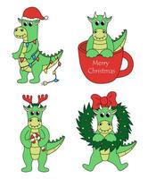 Set of cartoon Christmas and New Year Dragon characters. Cute Dragon in cup, garland, with candy cane, Deer Antler Headband, wreath. Vector flat illustration.