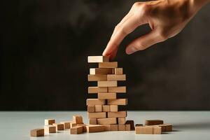 hand putting wood block on to tower, AI Generative photo
